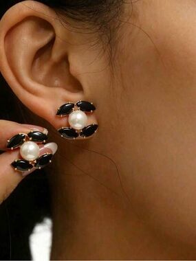Macy's Black Marquise Stone and Pearl Cluster Earrings